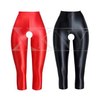 XCKNY satiin kattev läikiv püksid sexytights slim kõrge elastne jooga ujuda sport kulturismis 7-punkt pikkus Avatud jalgevahe püksid