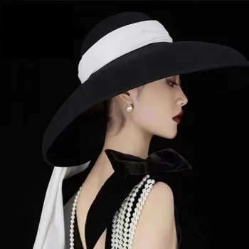 Kõrge kvaliteediga retro elegantne must samet pael Hepburn mütsi mood temperament pruudi seltskonnadaam pool tiara