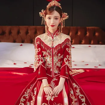 Luksuslik Rhinestone Pärl Tikandid Veluur Mandarin Krae Abielu Cheongsam Elegantne Paar Pulm Kleit Свадебное платье