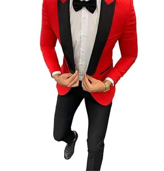 2020. aasta Uus Punane Meeste Pulm Kostüümid Peigmees Kõnniteed Tuxedos Vaba aja veetmise Tipp Rinnamikrofon Korter Kaks Tükki Sobib (Pintsak +Püksid)