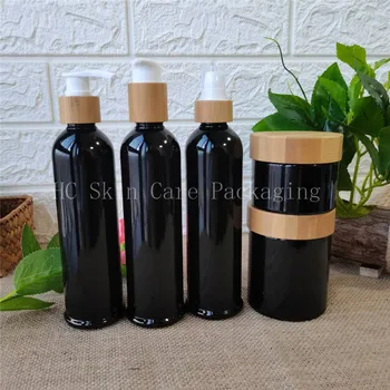 Hulgi-250ml 100tk selget musta plastikust šampoon ja kreem pudelid ja 250g nahahoolduskreem purgid bambuse kaane 8oz mahutid