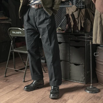 Bronson 15oz Ratsavägi (sh risttoimse) Sidusega Plisseeritud Püksid Vintage Meeste Püksid Puuvilla Chino Must