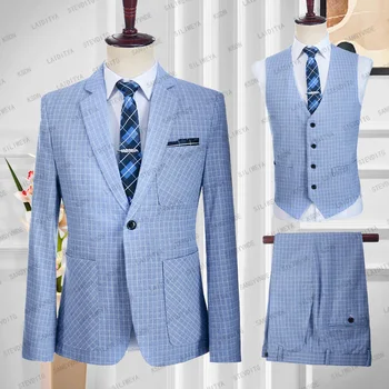 2023 Mehed Suvel Äri Mood Härrasmees Linane Ülikond Sinine Valge Reto Klassikaline Ruuduline Slim Fit Smoking 3 Tk Komplekt（Jope+Vest+Püksid）